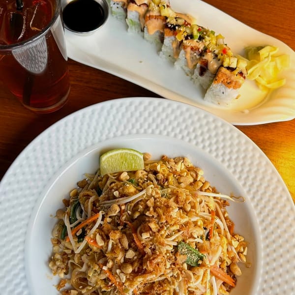 J Liu of Dublin's Pad Thai with lime and a plate of sushi rolls with sauce and ginger.